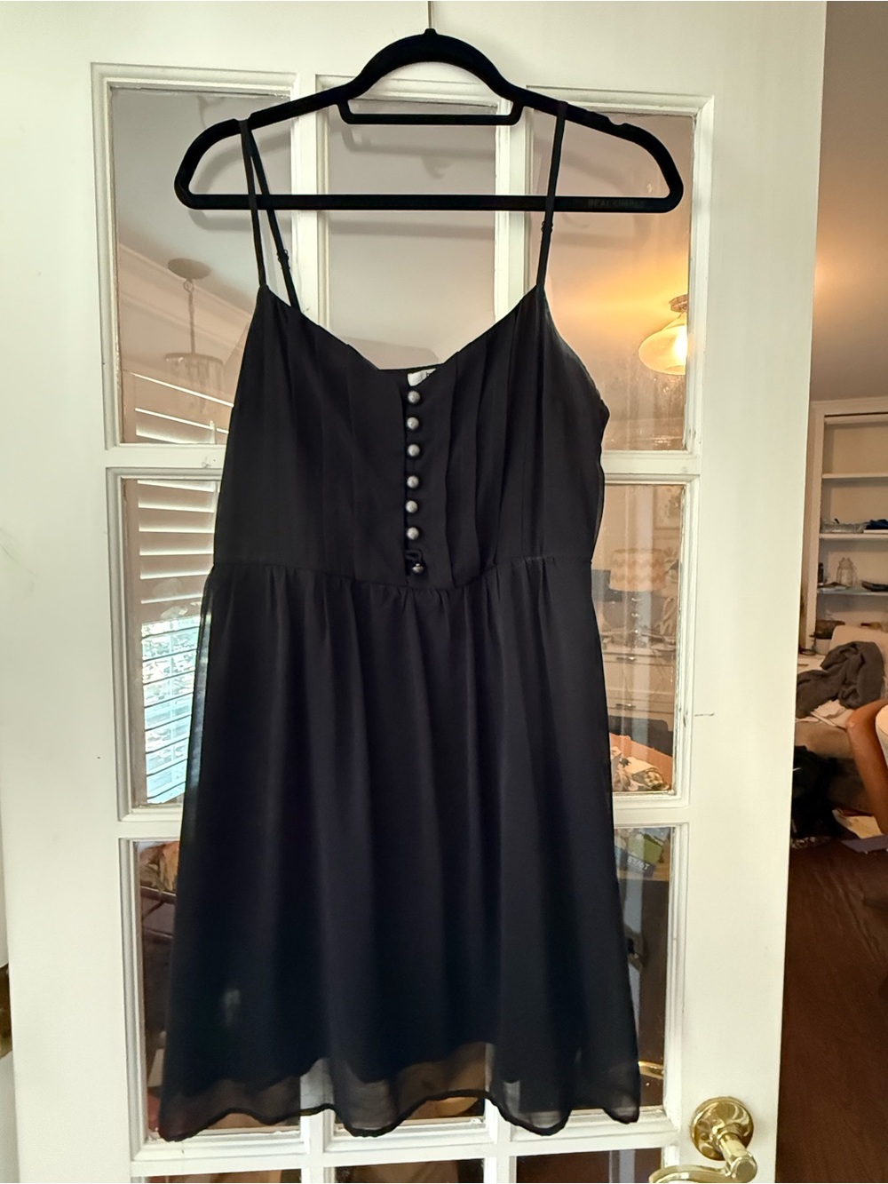 Bar III Black Mini Button-Front Spaghetti Strap Dress